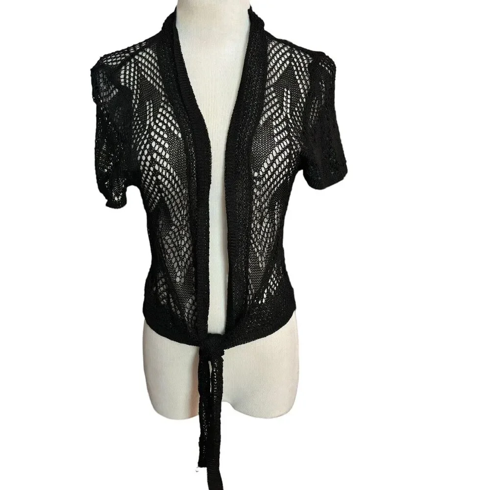 FRESH PRODUCE Size Small BLACK Stretch Cardigan Bolero Tie Front NEW - Picture 1 of 5
